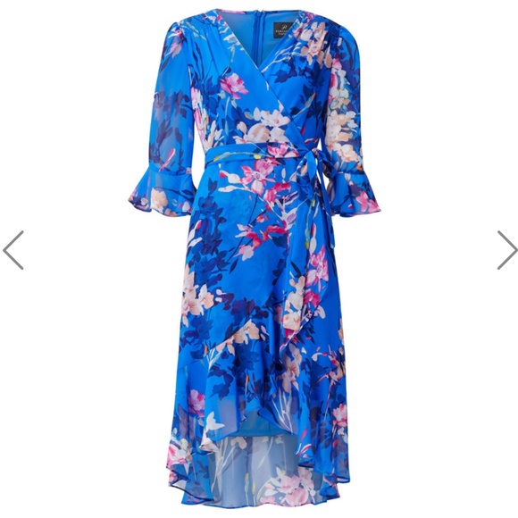 ADRIANNA PAPELL BLUE FLORAL CHIFFON WRAP DRESS - Picture 1 of 15